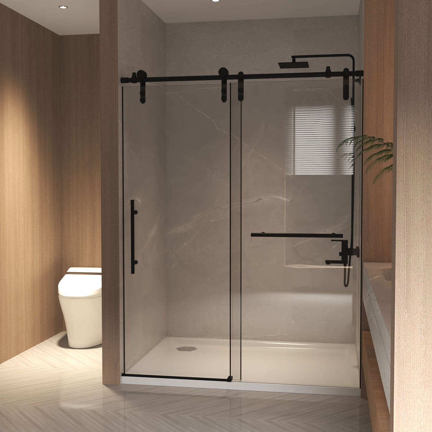 76" H Frameless Sliding Shower Door with 5/16" Clear Tempered Glass