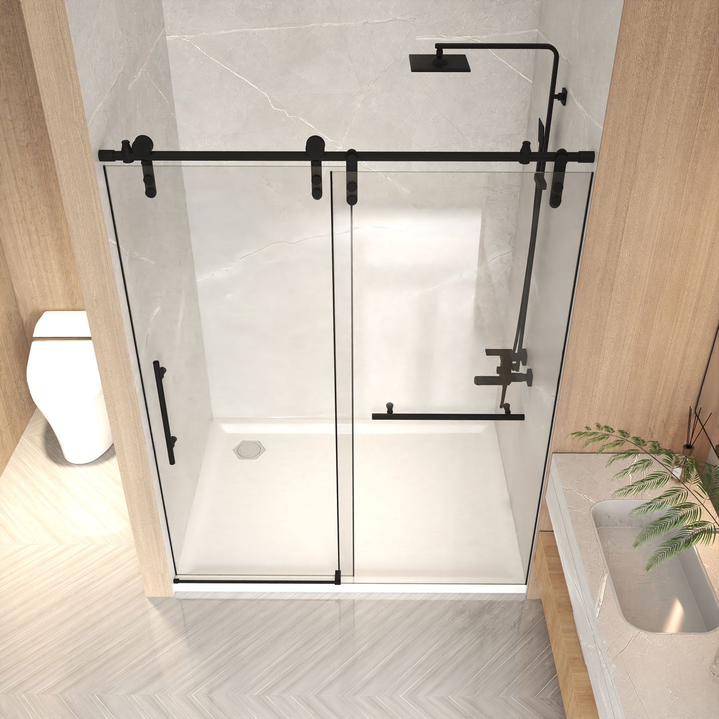 76" H Frameless Sliding Shower Door with 5/16" Clear Tempered Glass