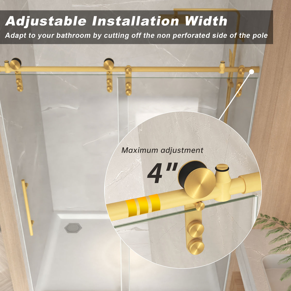 frameless glass shower door shown with brushed gold trim