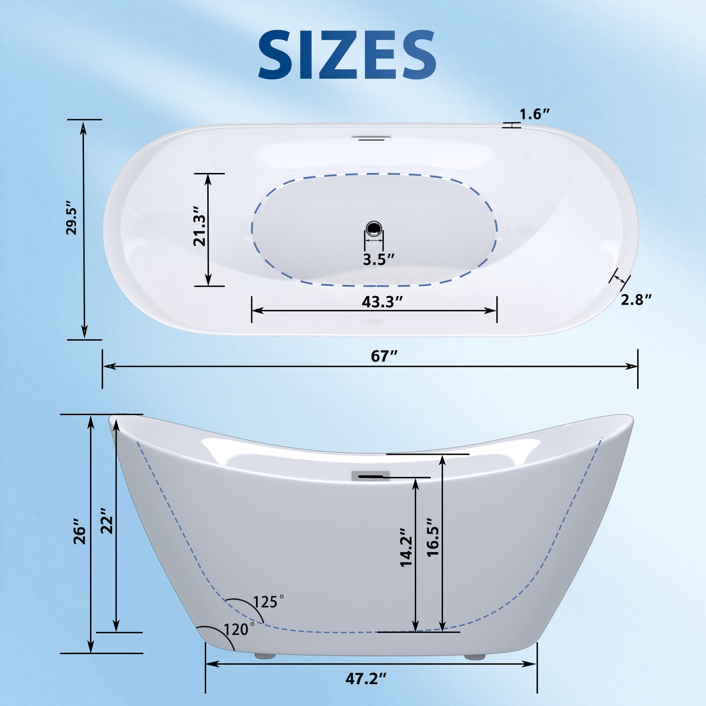 67 "Acrylic  Double-Slipper Freestanding Tub
