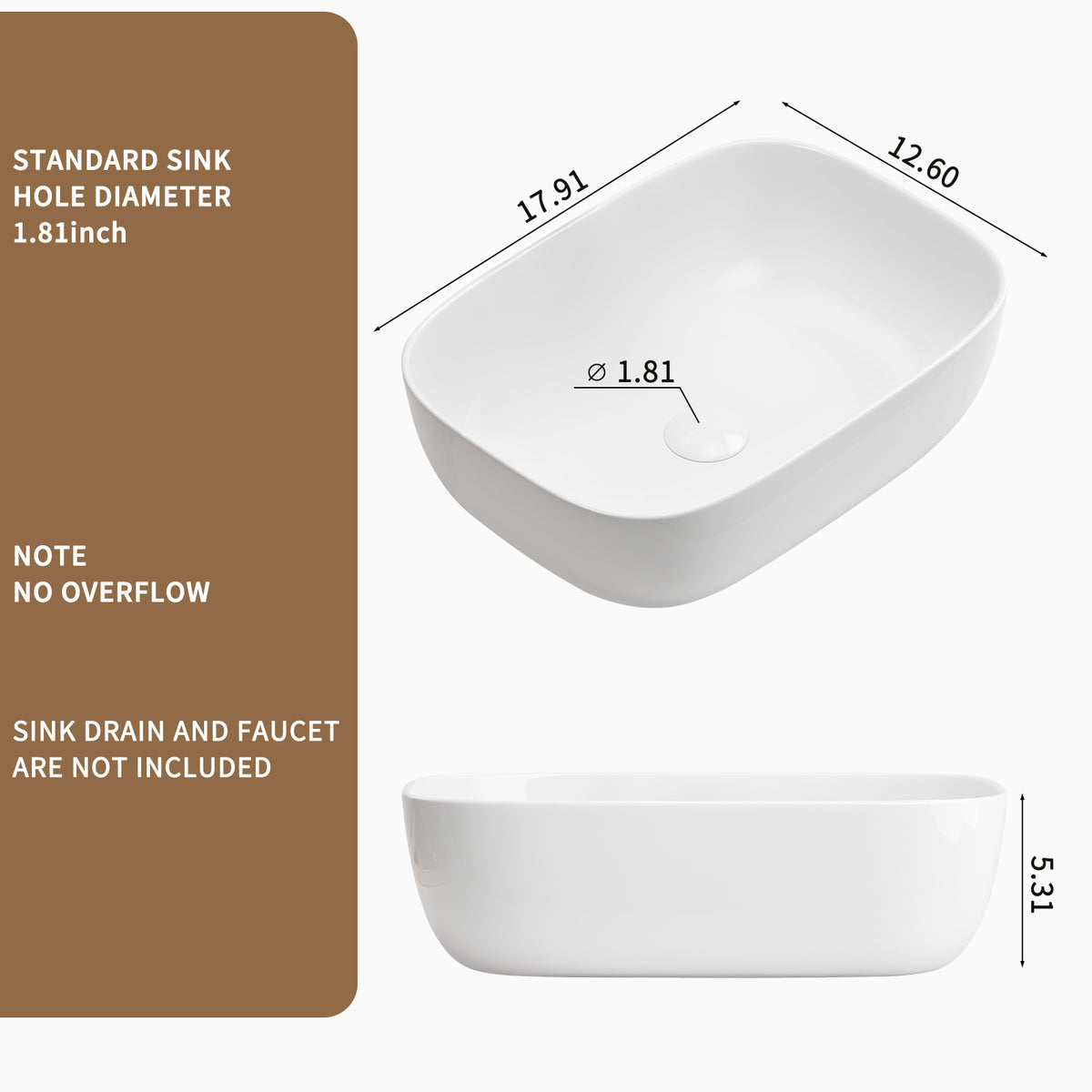 Modern Rectangular Glossy White Ceramic Vessel Sink