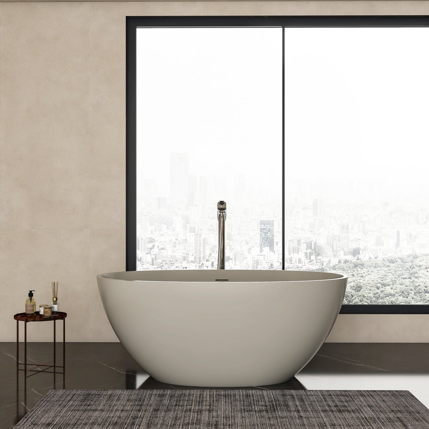55-inch light beige solid surface oval freestanding soaking bathtub