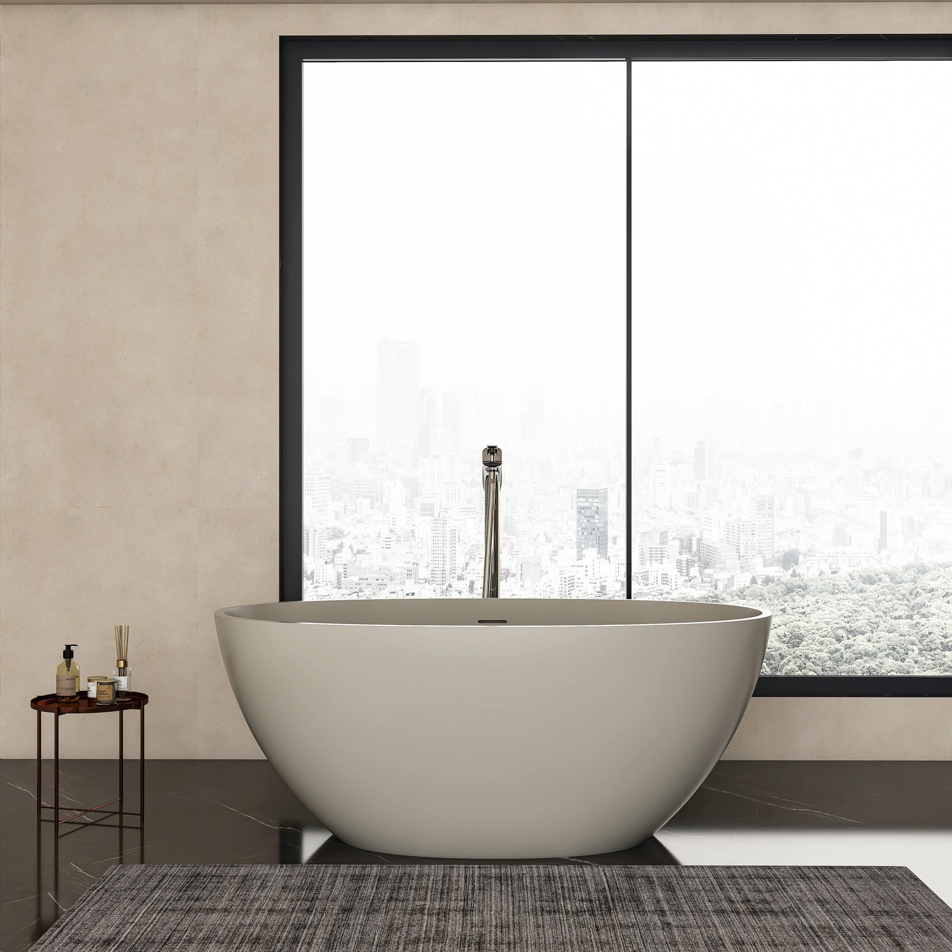 55-inch light beige solid surface oval freestanding soaking bathtub