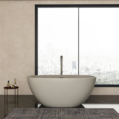 55-inch light beige solid surface oval freestanding soaking bathtub