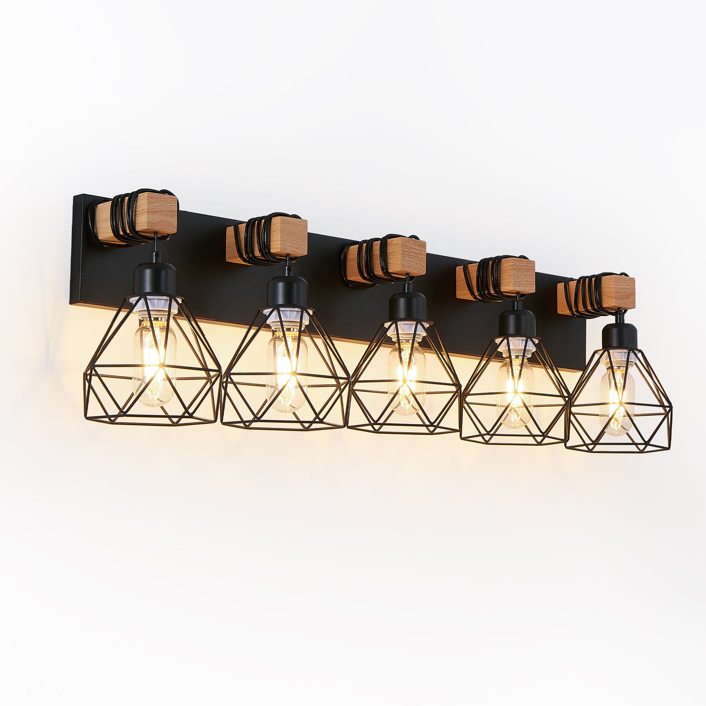 5-Light Black Vanity Light with Wood Accents - Farmhouse Metal Cage Bathroom Wall Sconce, E26 Base, Hardwired, No Bulbs