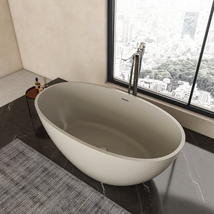 55-inch light beige solid surface oval freestanding soaking bathtub