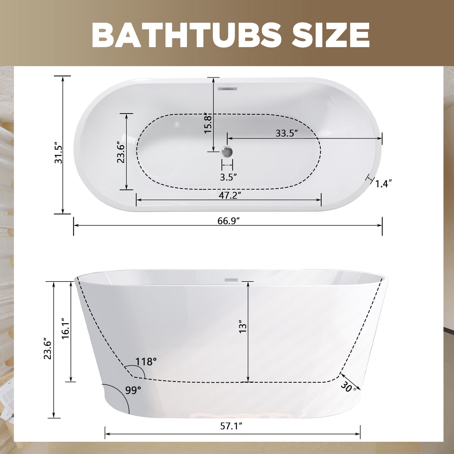 59"-67" Acrylic Freestanding Tub
