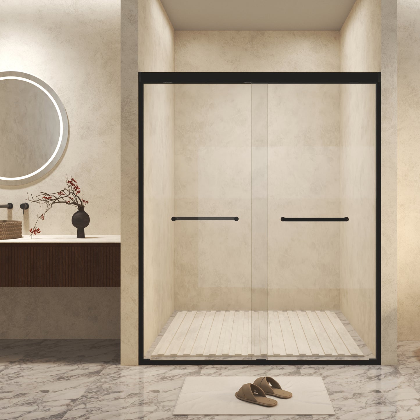 Modern bathroom with a glass shower enclosure, sink, and decorative elements.