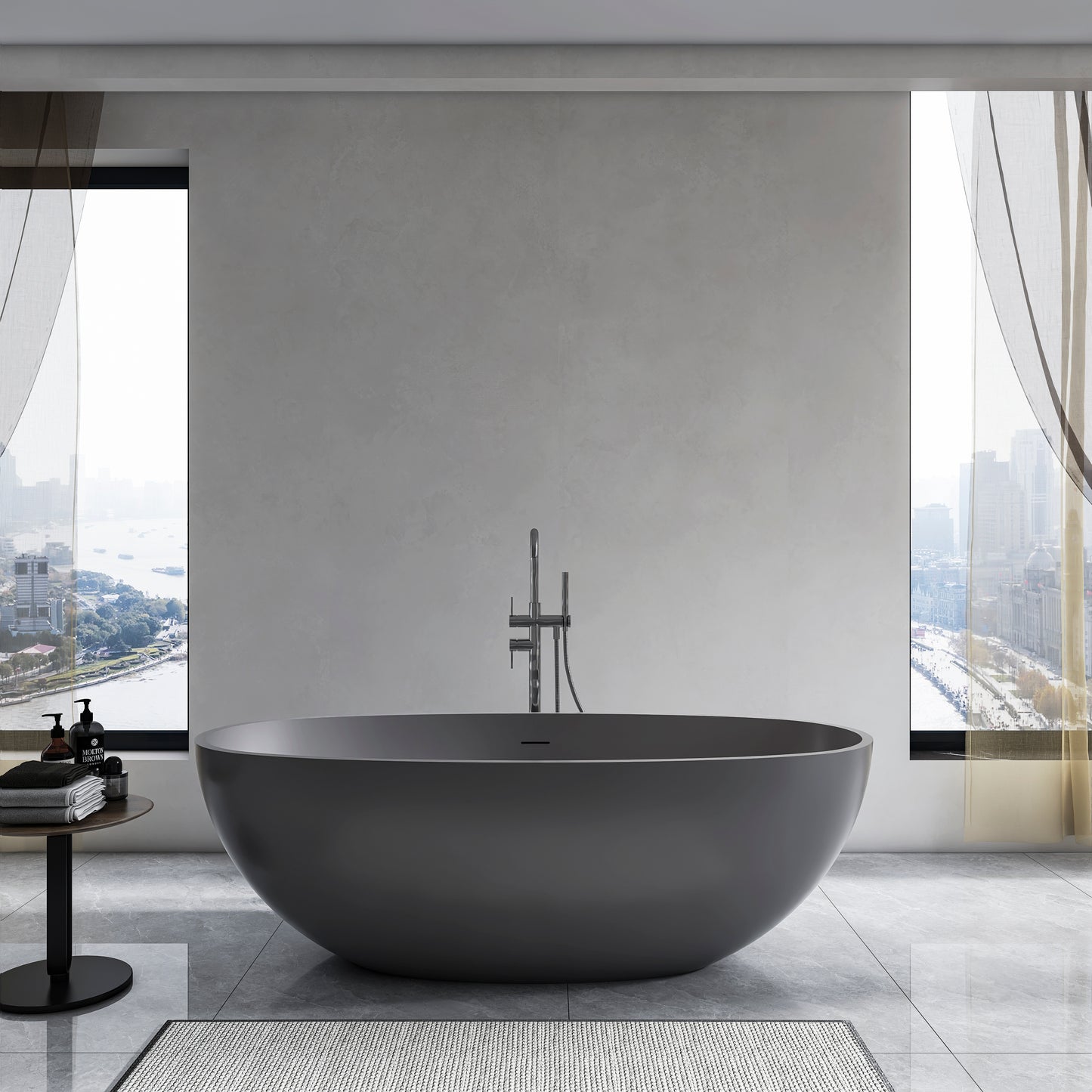 65.2” Freestanding Solid Surface Soaking Bathtub for Bathroom