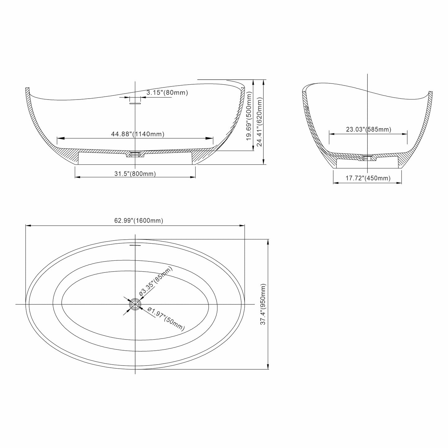 63" Freestanding Solid Surface Soaking Bathtub for Bathroom