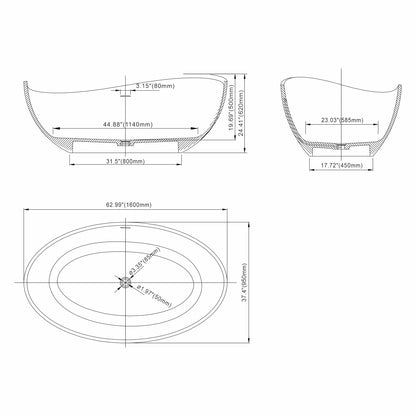63" Freestanding Solid Surface Soaking Bathtub for Bathroom