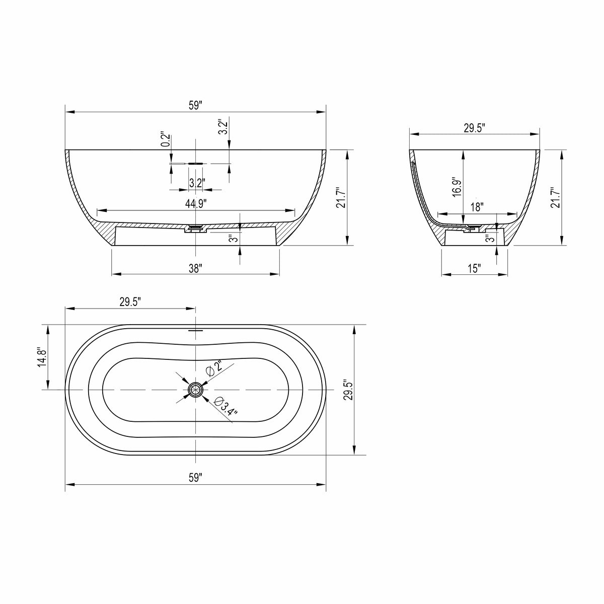 59" Solid Surface Freestanding Soaking Bathtub, Matte White — dimensional drawing with measurements