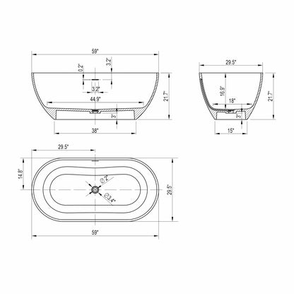 59" Solid Surface Freestanding Soaking Bathtub, Matte White — dimensional drawing with measurements