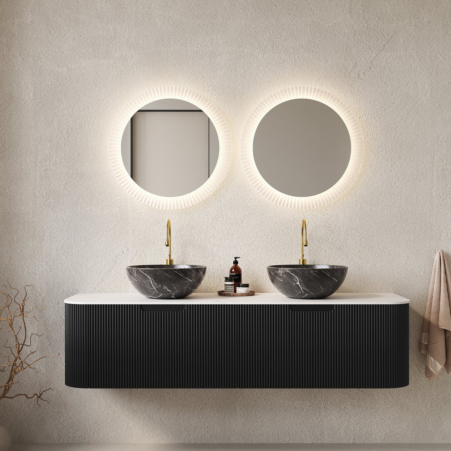 60" Bathroom Vanity with 2 Drawers and Black Bowl Ceramic Basins