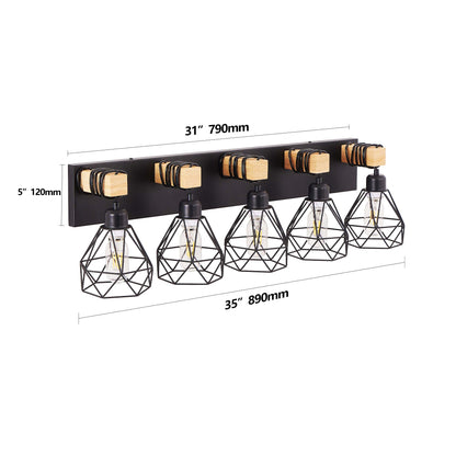 5-Light Black Vanity Light with Wood Accents - Farmhouse Metal Cage Bathroom Wall Sconce, E26 Base, Hardwired, No Bulbs
