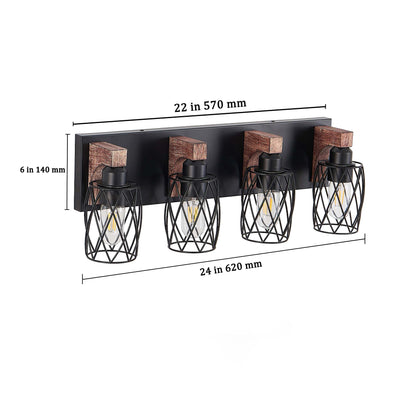 4-Light Black and Walnut Vanity Light - Farmhouse Rustic Bathroom Wall Sconce with Metal Cage Shades, E26 Base, Hardwired, No Bulbs