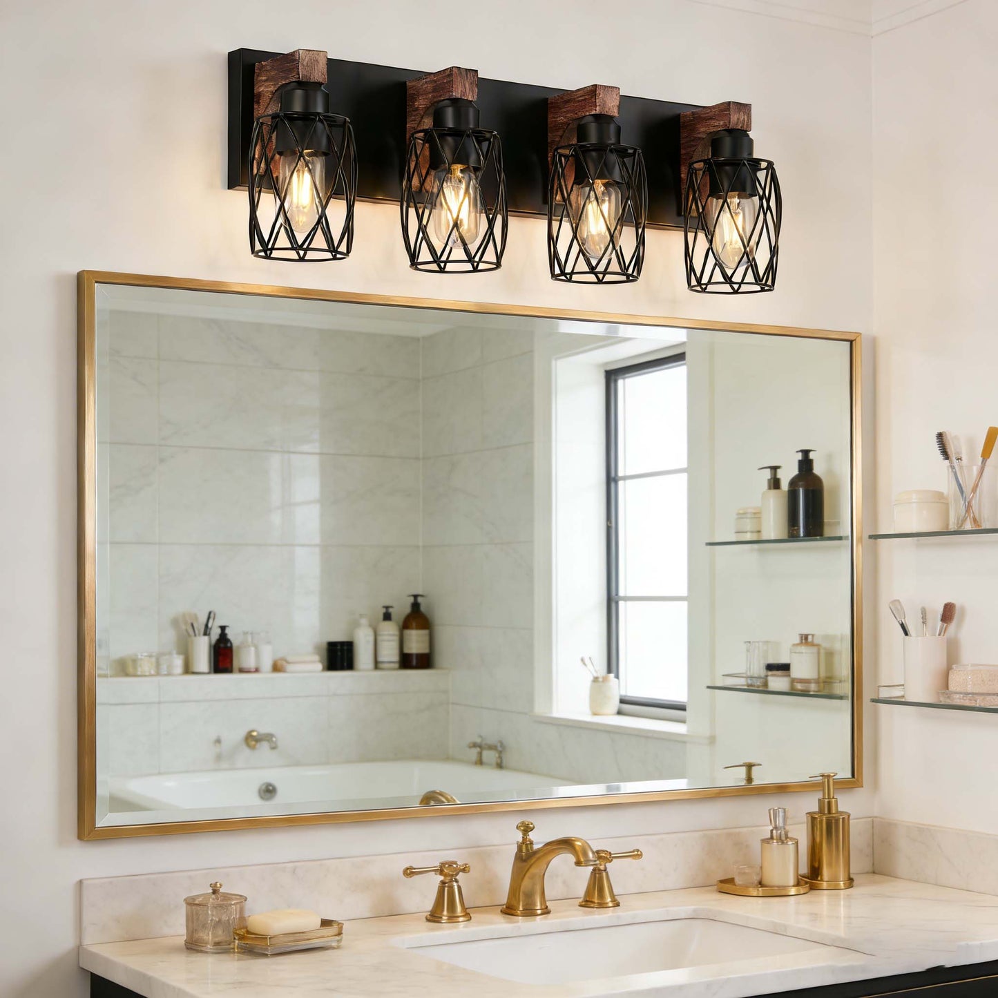 4-Light Black and Walnut Vanity Light - Farmhouse Rustic Bathroom Wall Sconce with Metal Cage Shades, E26 Base, Hardwired, No Bulbs