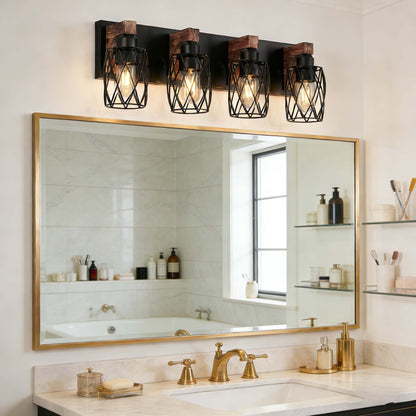 4-Light Black and Walnut Vanity Light - Farmhouse Rustic Bathroom Wall Sconce with Metal Cage Shades, E26 Base, Hardwired, No Bulbs