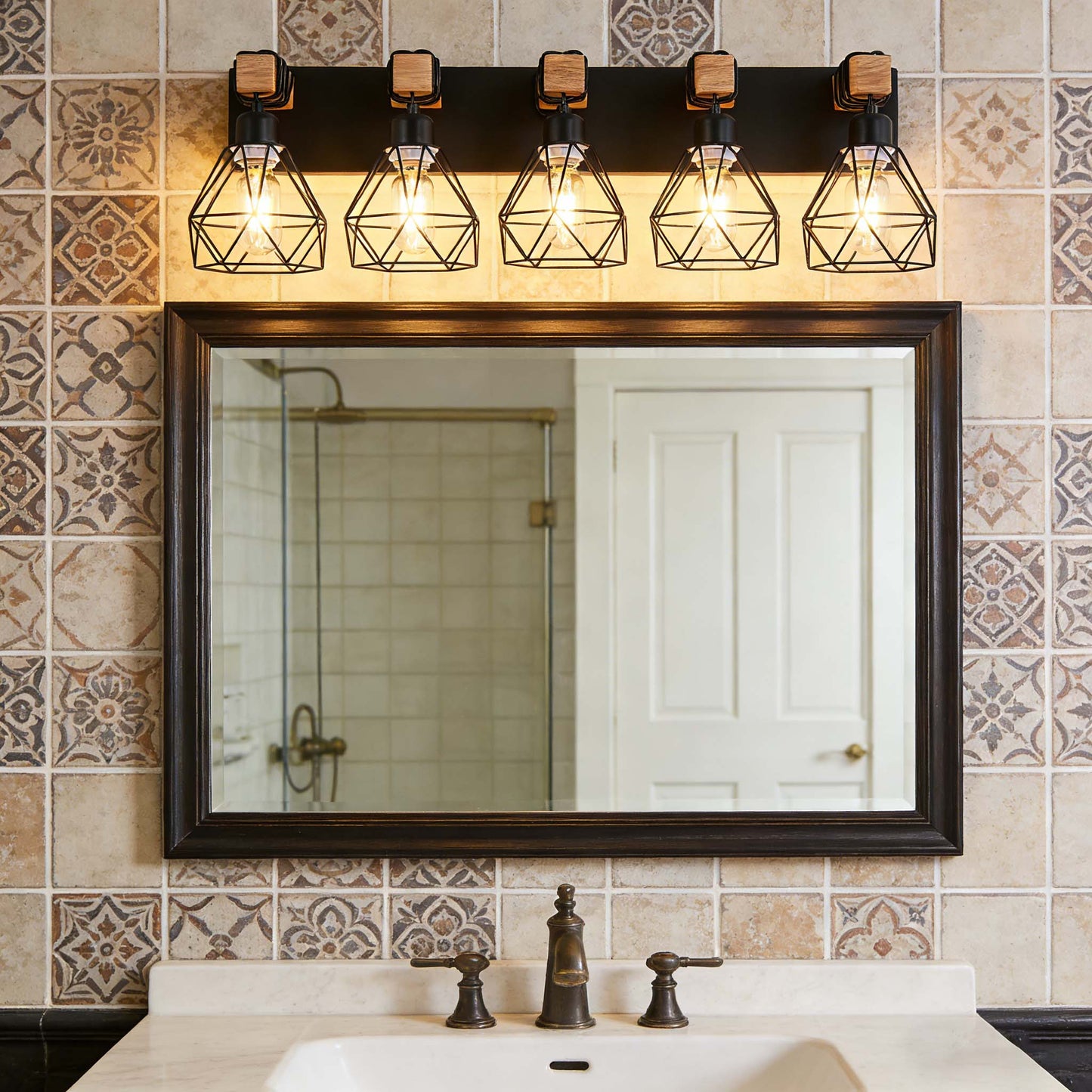 5-Light Black Vanity Light with Wood Accents - Farmhouse Metal Cage Bathroom Wall Sconce, E26 Base, Hardwired, No Bulbs