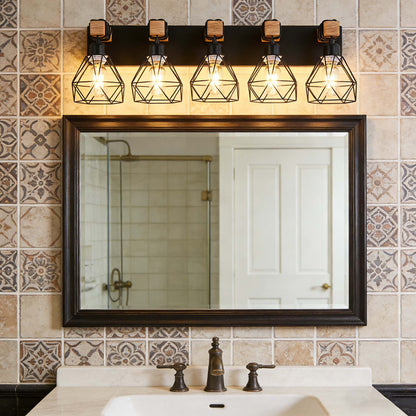 5-Light Black Vanity Light with Wood Accents - Farmhouse Metal Cage Bathroom Wall Sconce, E26 Base, Hardwired, No Bulbs