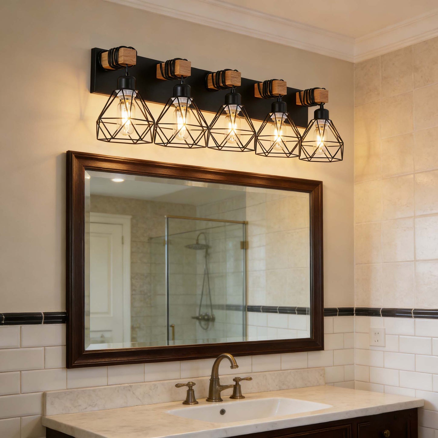 5-Light Black Vanity Light with Wood Accents - Farmhouse Metal Cage Bathroom Wall Sconce, E26 Base, Hardwired, No Bulbs