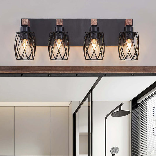 4-Light Black and Walnut Vanity Light - Farmhouse Rustic Bathroom Wall Sconce with Metal Cage Shades, E26 Base, Hardwired, No Bulbs