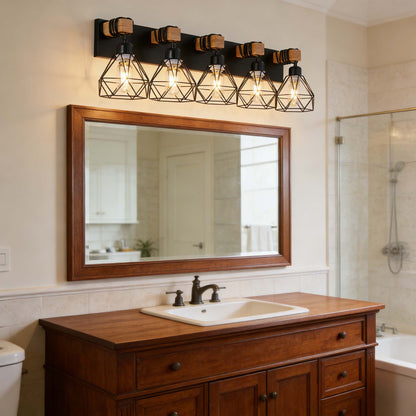5-Light Black Vanity Light with Wood Accents - Farmhouse Metal Cage Bathroom Wall Sconce, E26 Base, Hardwired, No Bulbs