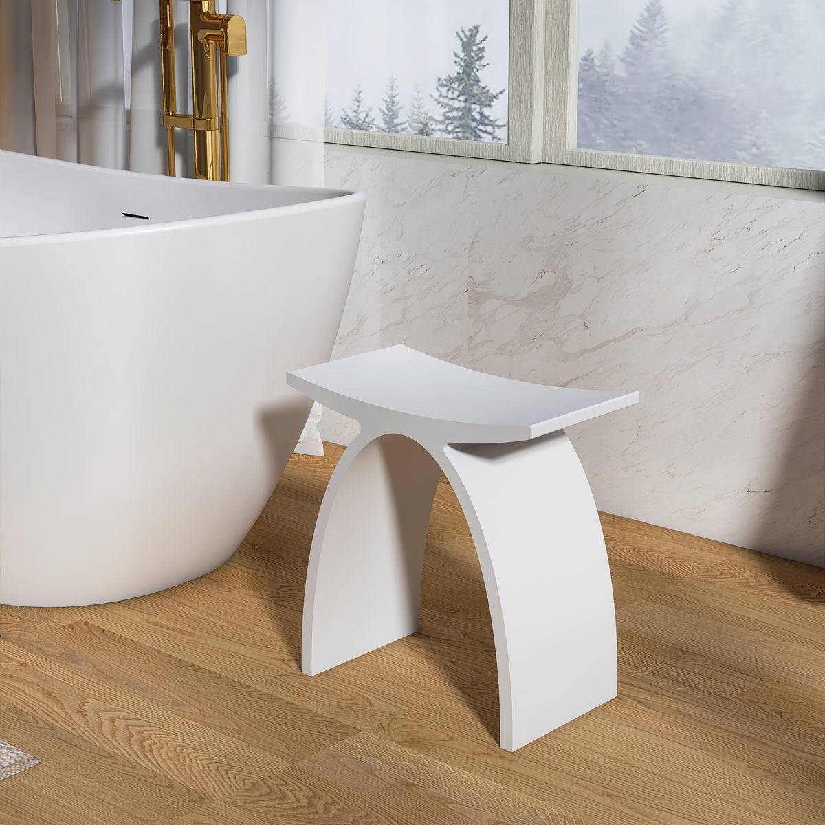 14 inch solid surface arched shower stool in matte white