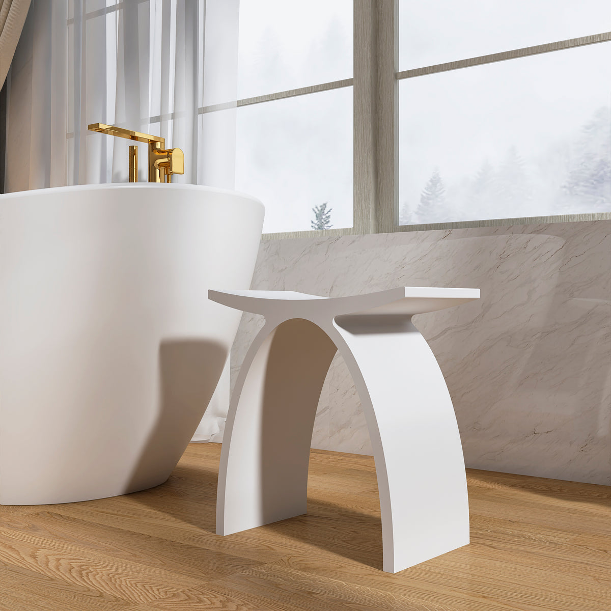 14 inch shower stool placed in a corner of a tiled shower