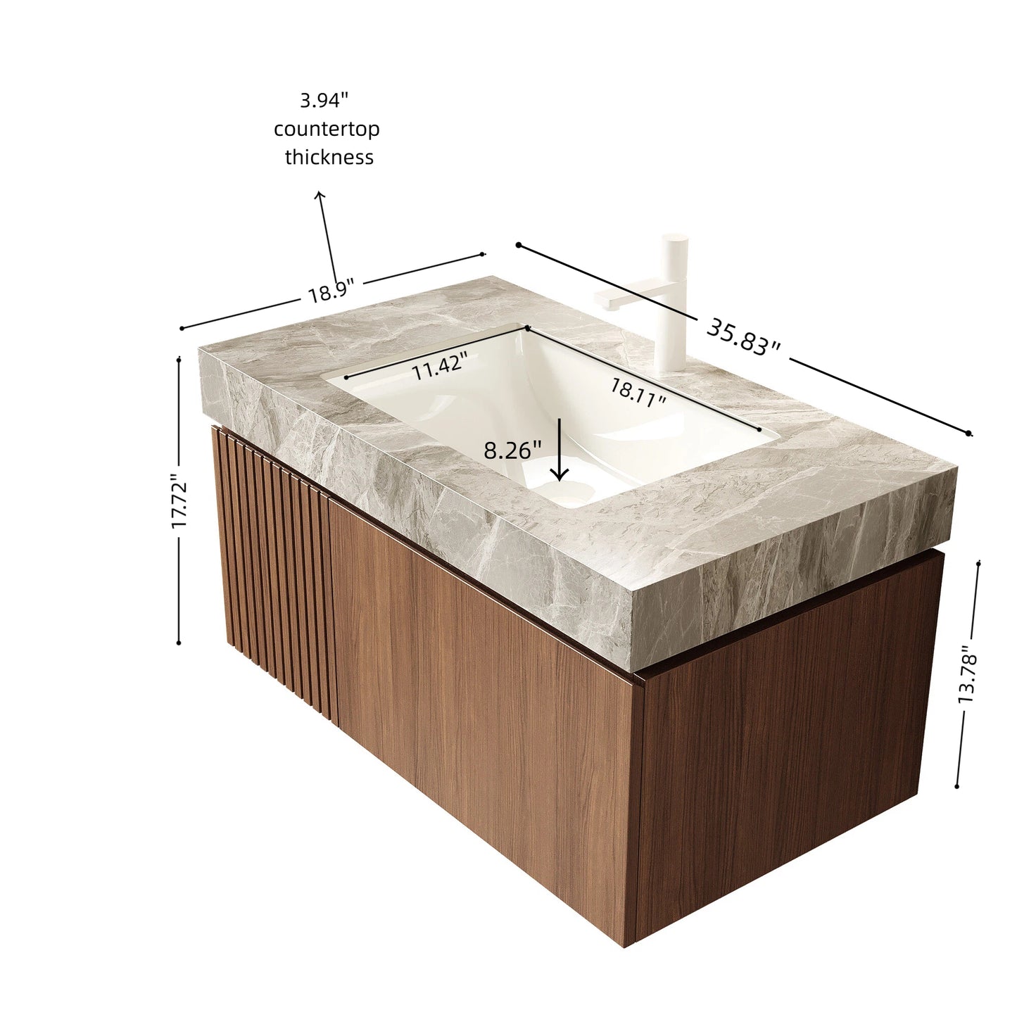 Vanity with marble countertop and wooden base, showing dimensions on a white background