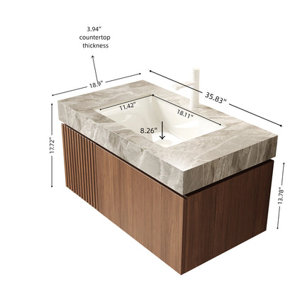 Vanity with marble countertop and wooden base, showing dimensions on a white background