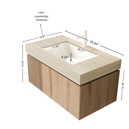 Wooden vanity with countertop dimensions labeled on a white background
