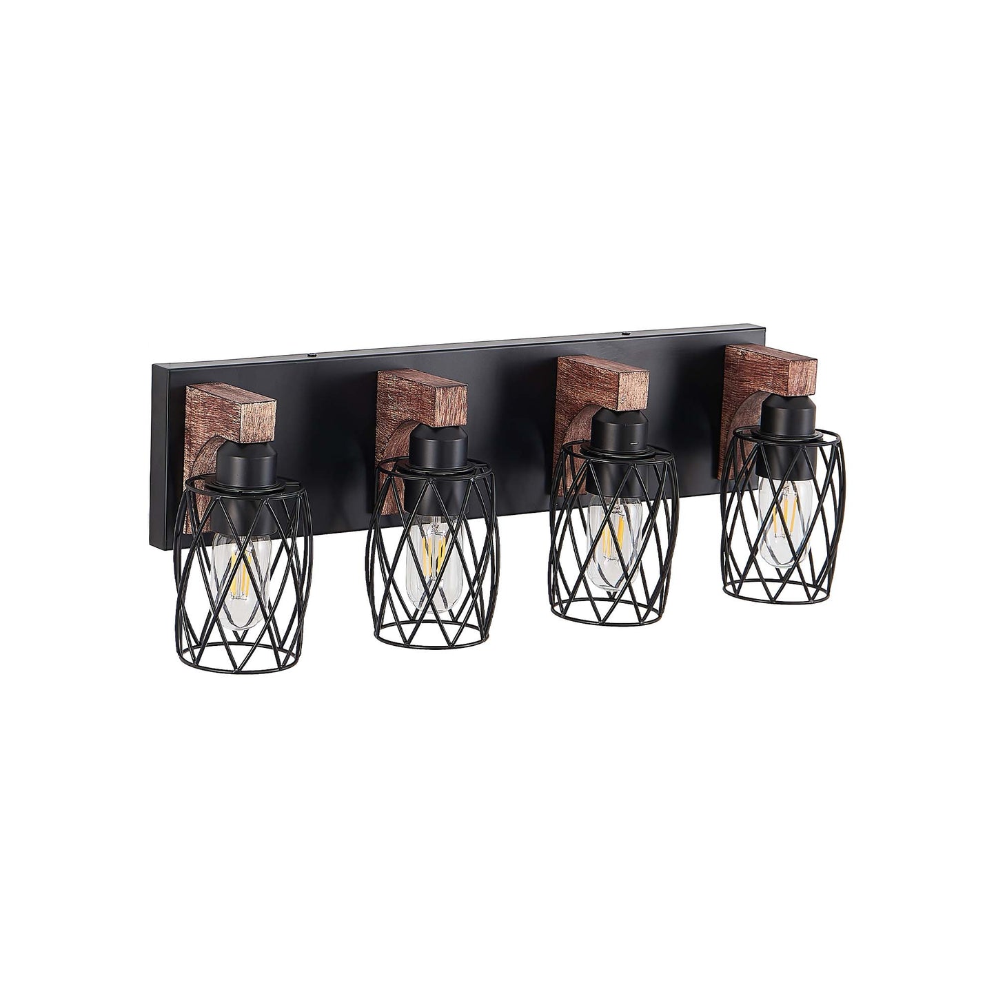 4-Light Black and Walnut Vanity Light - Farmhouse Rustic Bathroom Wall Sconce with Metal Cage Shades, E26 Base, Hardwired, No Bulbs